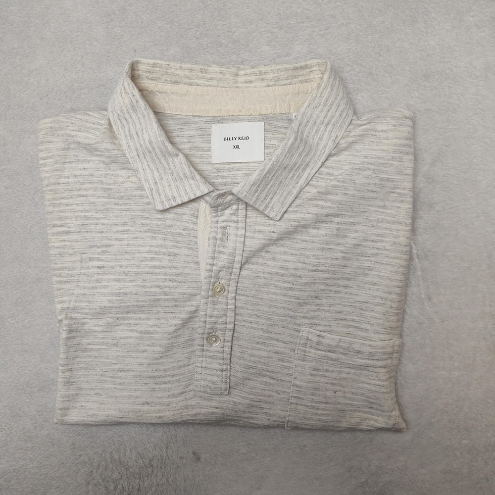 Billy Reid Polo Shirt Mens 2XL Beige Striped Short Sleeve Collared Pocket Work